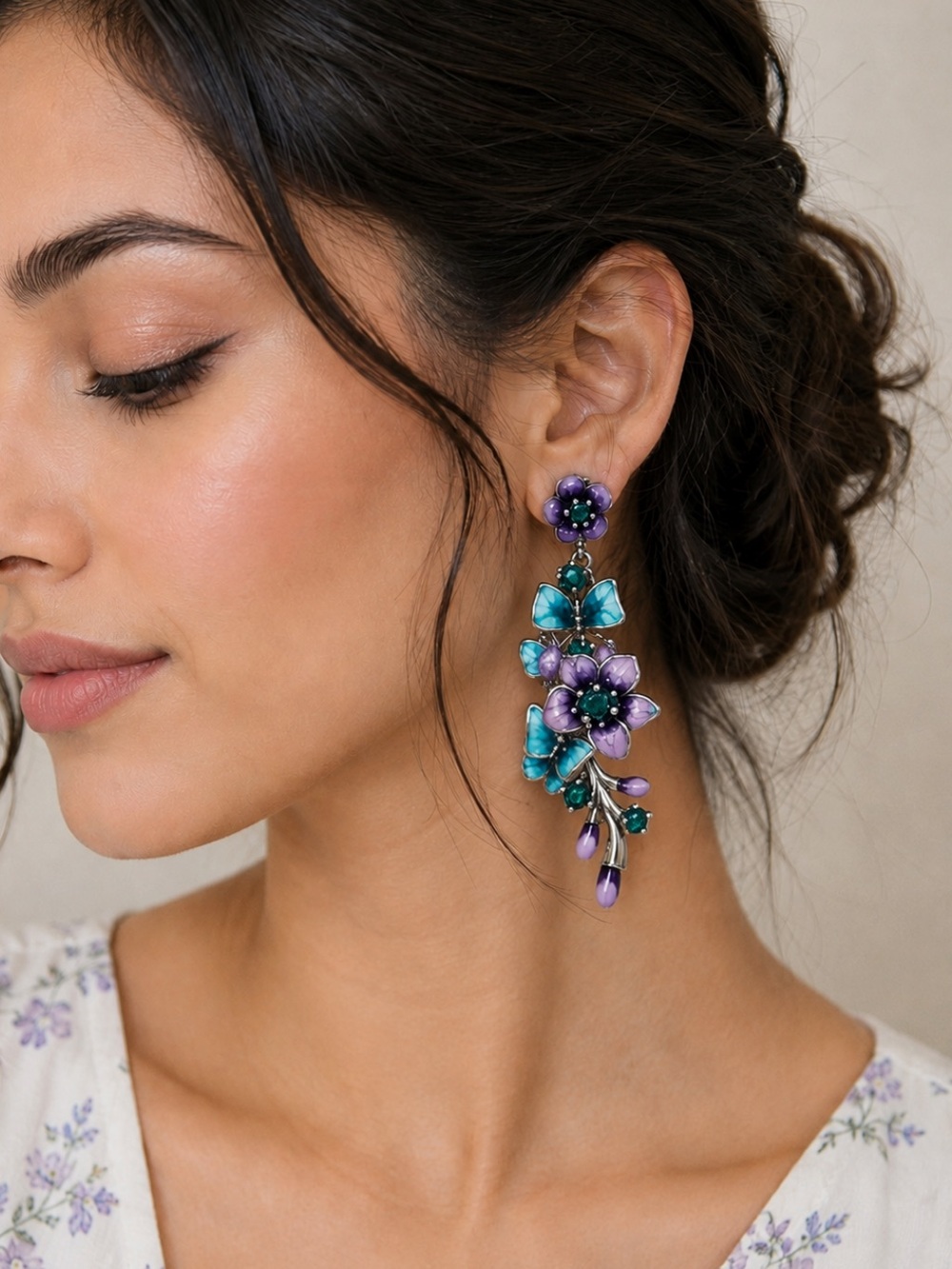 Botanical Fantasy Drop Earrings – Purple & Teal Enamel Butterfly Floral